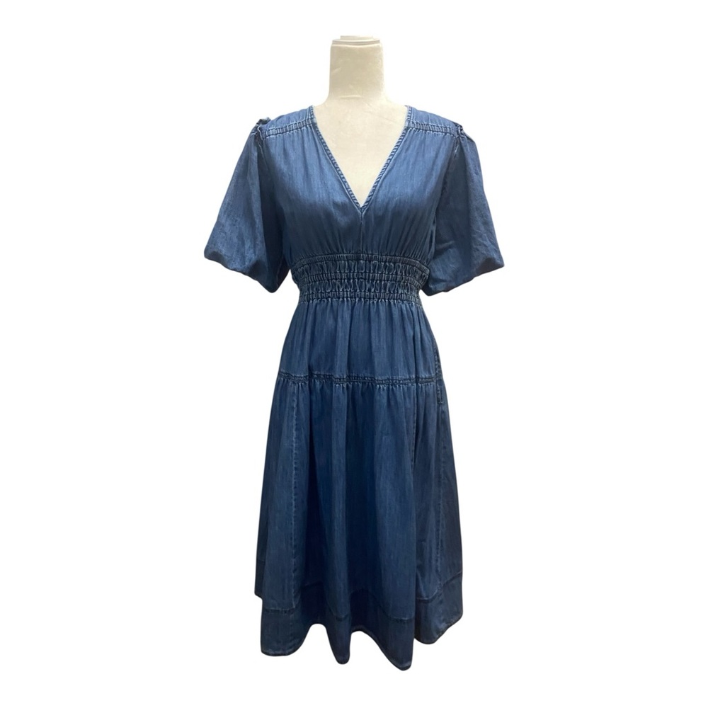 Pilcro Anthropologie Smocked Puff Sleeve Denim Dress Size Small Prairie Blue - Picture 2 of 8